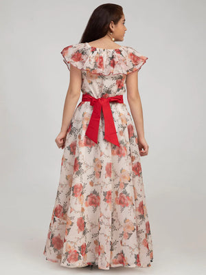 NOZ2TOZ Off White & Red Floral Print Maxi Dress For Girls - Distacart