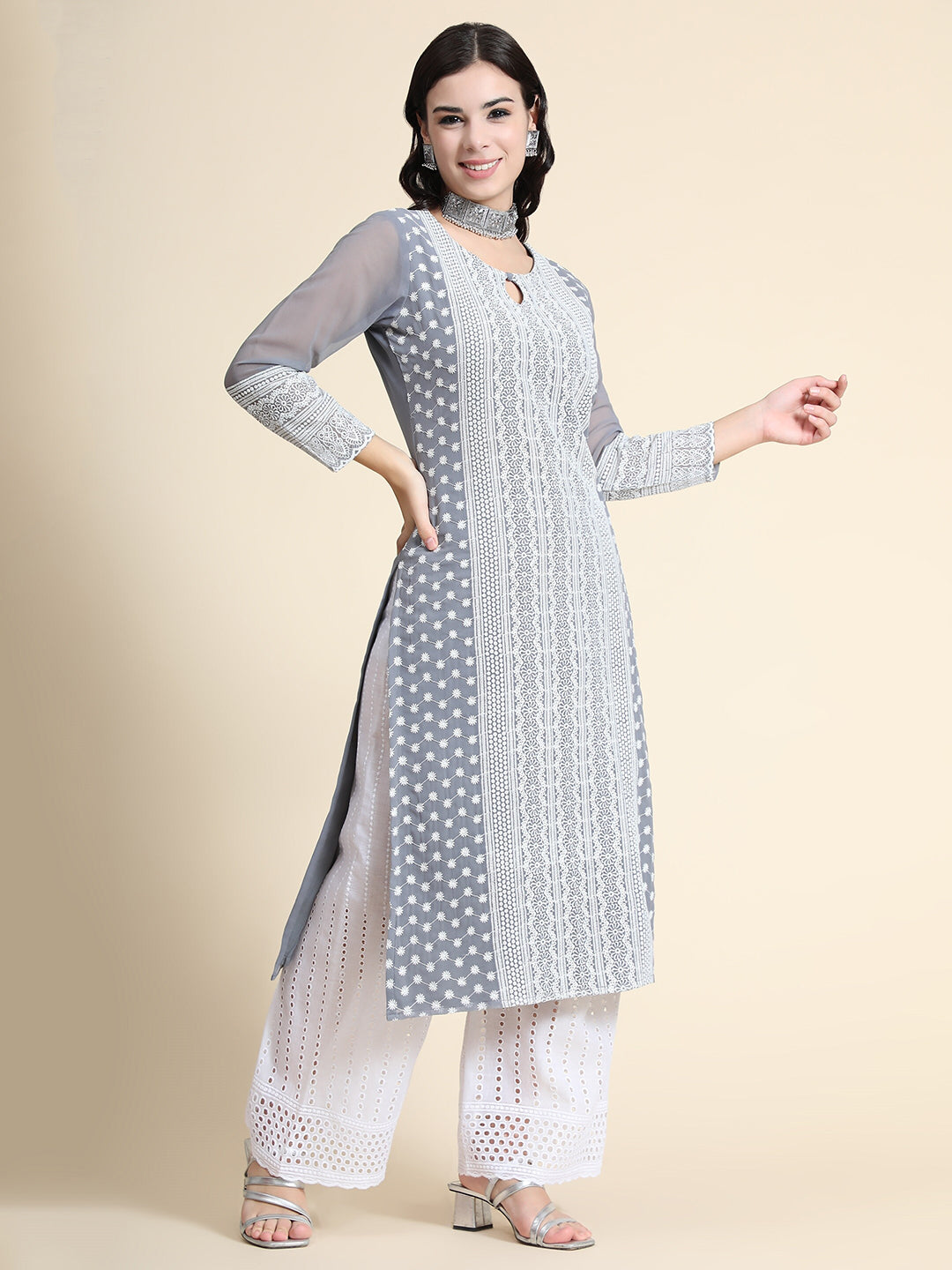 Kalini Women Grey Floral Embroidered Keyhole Neck Thread Work Floral Georgette Kurta - Distacart