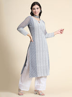 Thumbnail for Kalini Women Grey Floral Embroidered Keyhole Neck Thread Work Floral Georgette Kurta - Distacart