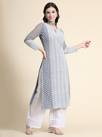Thumbnail for Kalini Women Grey Floral Embroidered Keyhole Neck Thread Work Floral Georgette Kurta - Distacart