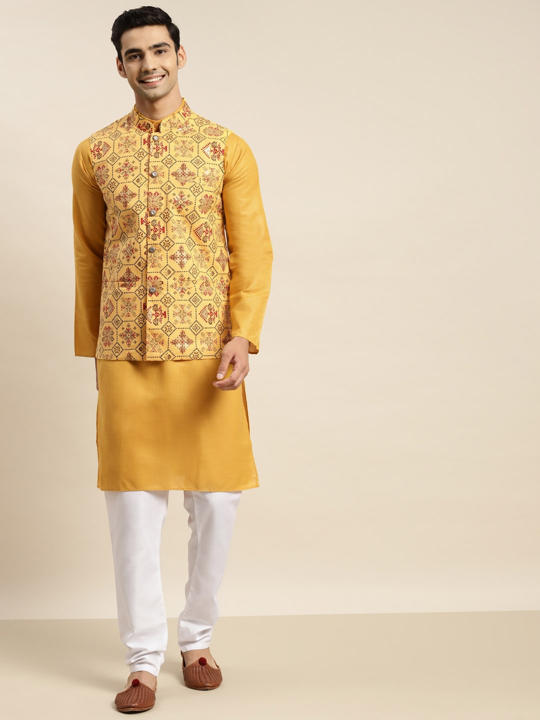 Sojanya Men Mustard Yellow Pure Cotton Kurta with Churidar & Nehru Jacket - Distacart