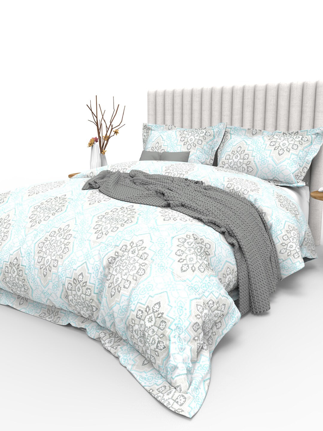 THE WHITE MOSS Blue & Grey Ethnic Motifs 350 TC Cotton King Bedsheet with 2 Pillow Covers - Distacart