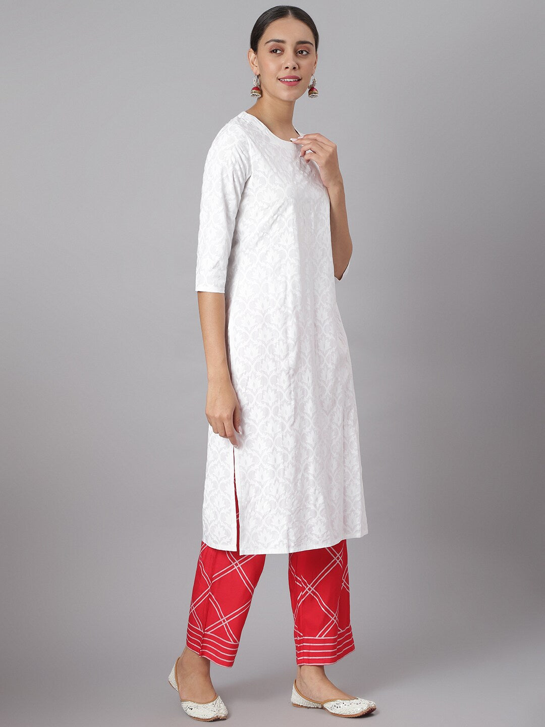 Khushal K Women White & Red Printed Kurta with Palazzos & Dupatta - Distacart