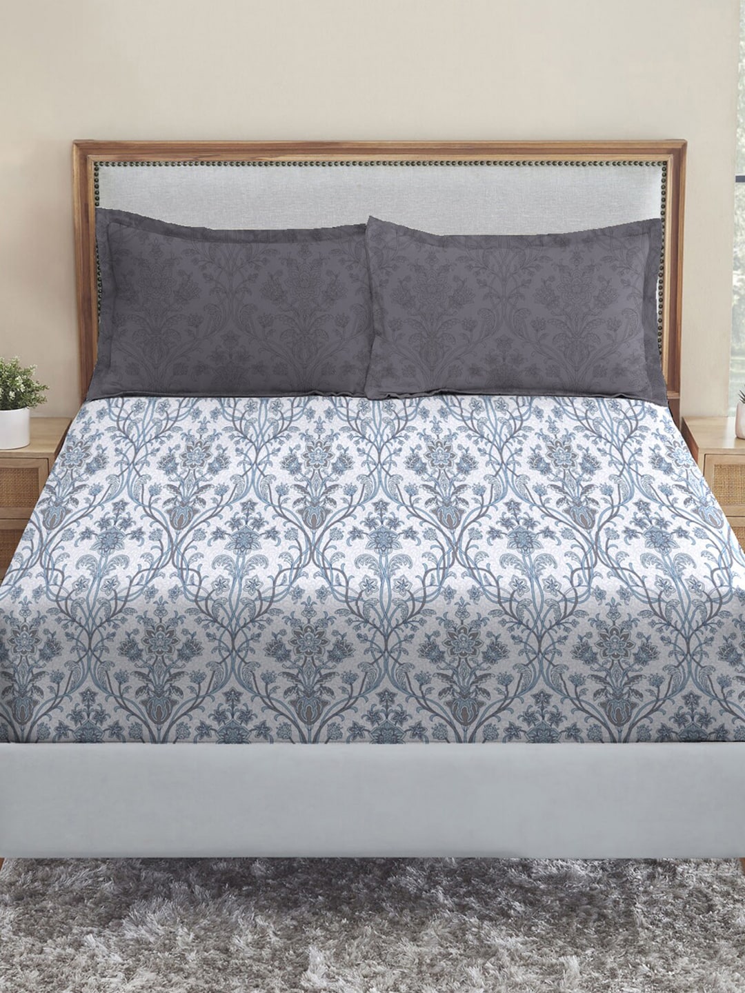 MYTRIDENT Dusk and Dawn Blue Ethnic Motifs Cotton 144 TC Queen Bedsheet 2 Pillow Covers - Distacart