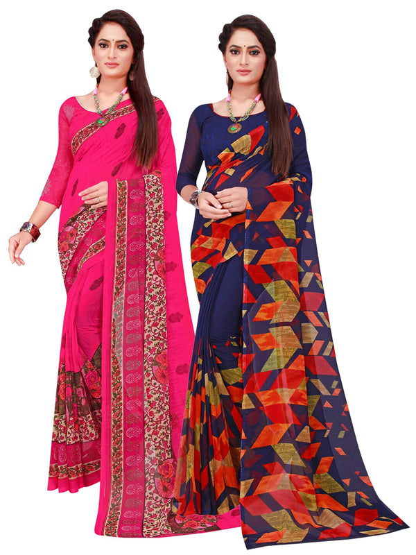 Kalini Pack of 2 Navy Blue & Magenta Floral Pure Georgette Sarees - Distacart