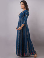 Thumbnail for Kalini Woman Navy Blue Ethnic Motifs Printed Keyhole Neck Floral Anarkali Kurta - Distacart