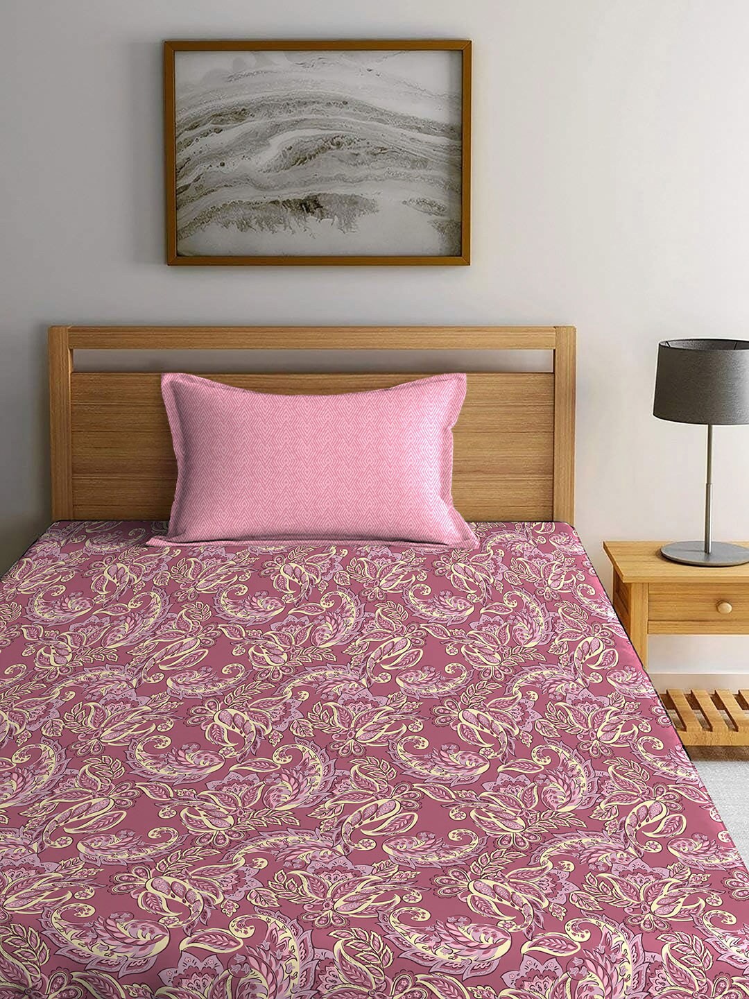 MYTRIDENT Maroon & White Ethnic Motifs Cotton 120 TC Single Bedsheet With 1 Pillow Cover - Distacart