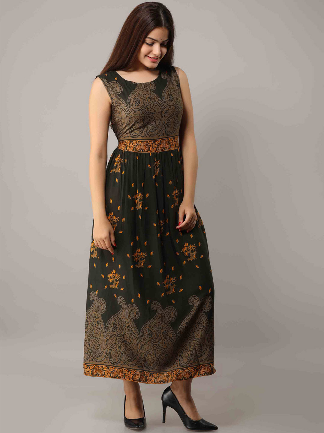 Kalini Women Green & Orange Floral Printed Anarkali Kurta - Distacart