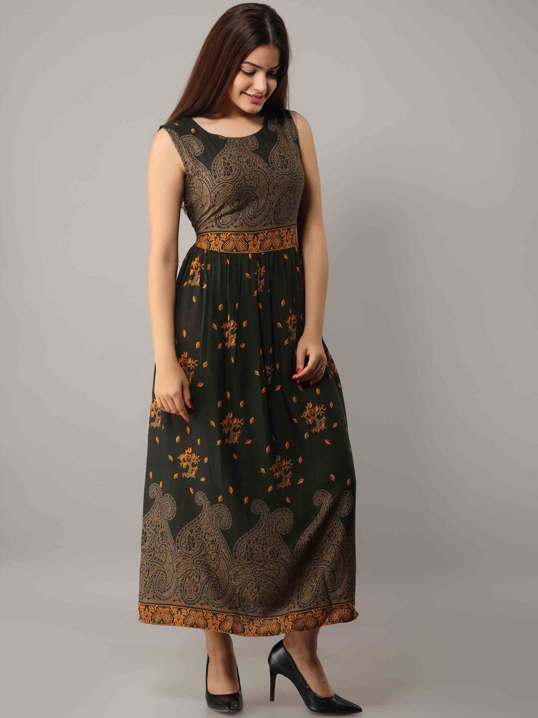 Kalini Women Green & Orange Floral Printed Anarkali Kurta - Distacart
