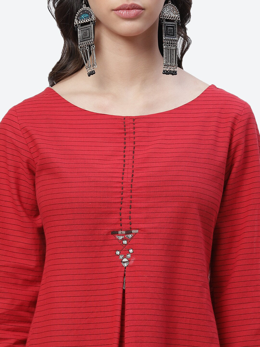 Biba Women Red Striped Thread Work Kurta - Distacart