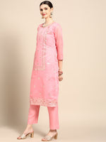 Thumbnail for Sangria Women Pink Ethnic Motifs Printed Chanderi Cotton Kurta with Trousers & With Dupatta - Distacart