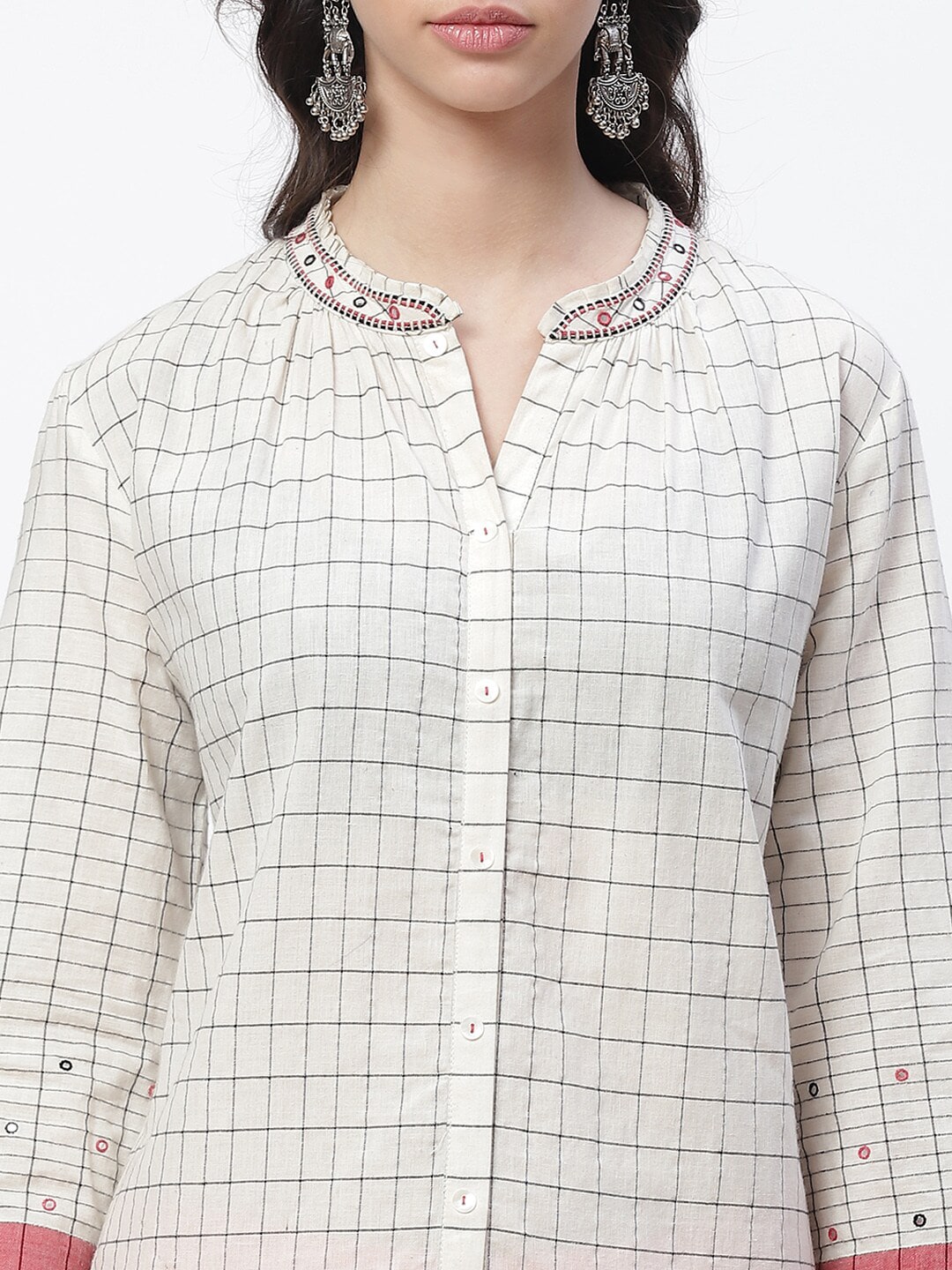 Biba Women White Checked Thread Work Kurta - Distacart