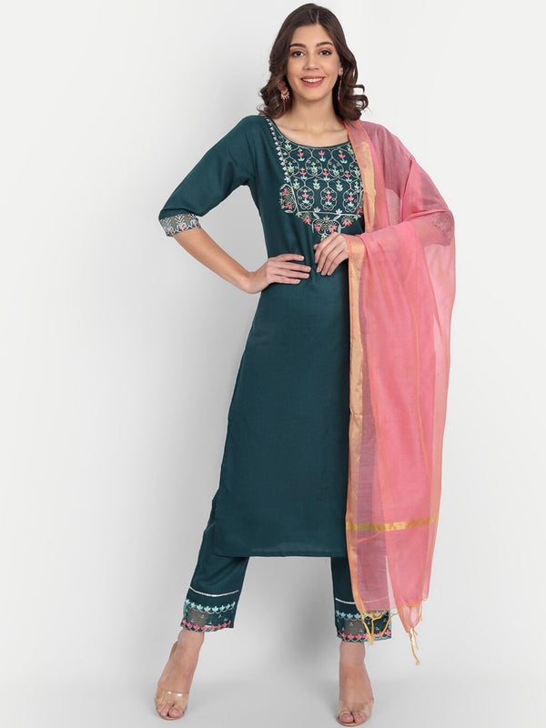Kalini Floral Yoke Design Regular Thread Work Kurta with Trousers & With Dupatta - Distacart