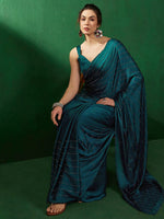 Thumbnail for Sangria Striped Embellished Satin Beads and Stones Saree - Distacart