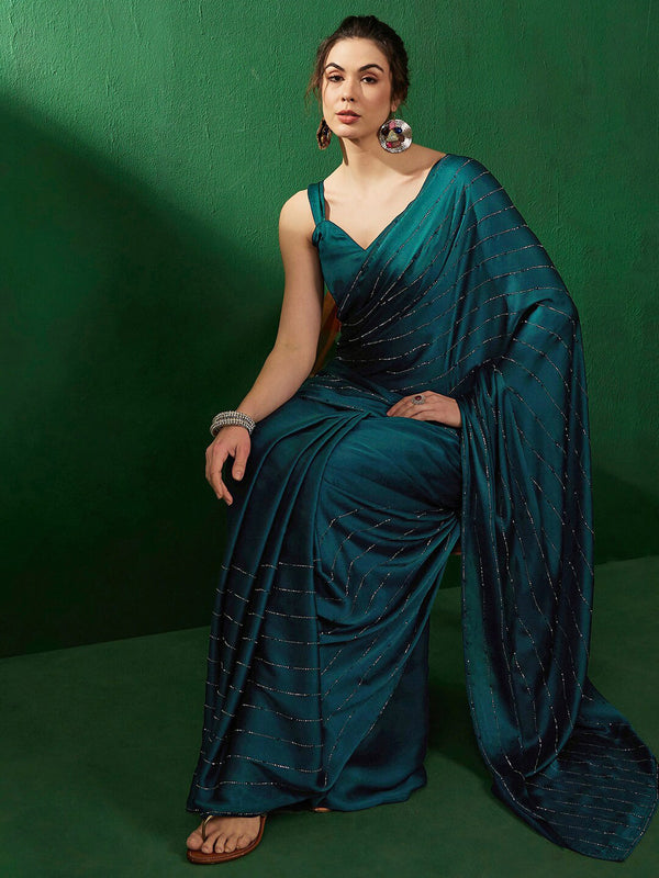 Sangria Striped Embellished Satin Beads and Stones Saree - Distacart