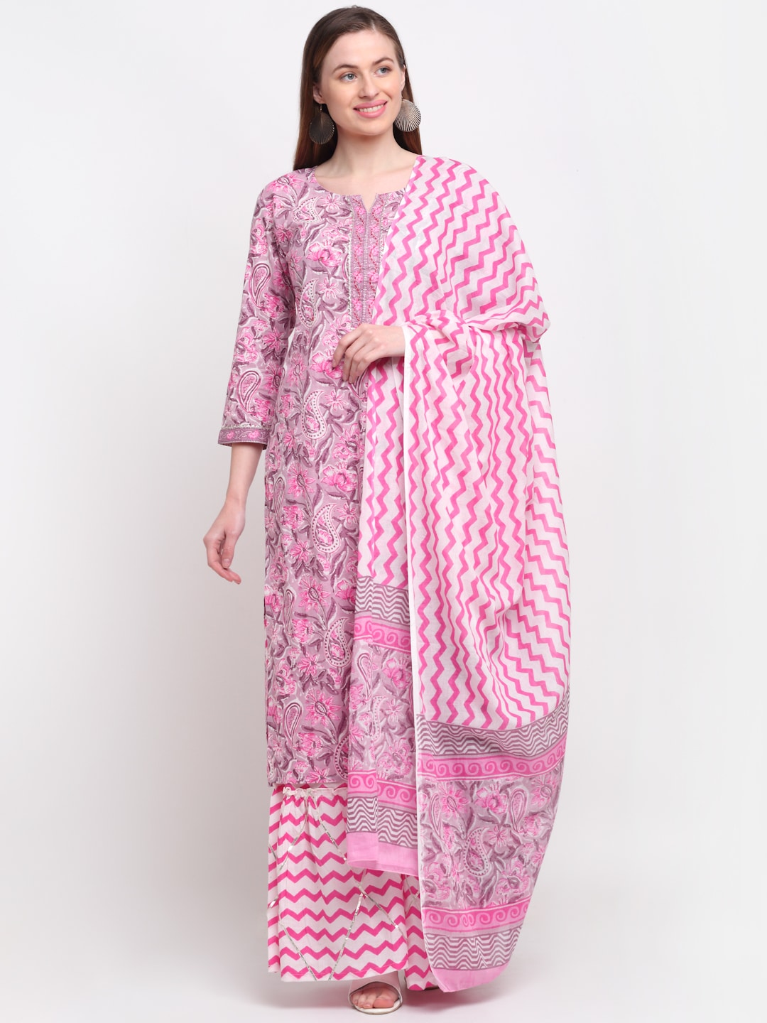 Kalini Women Pink Paisley Printed Pure Cotton Kurta with Sharara & With Dupatta - Distacart