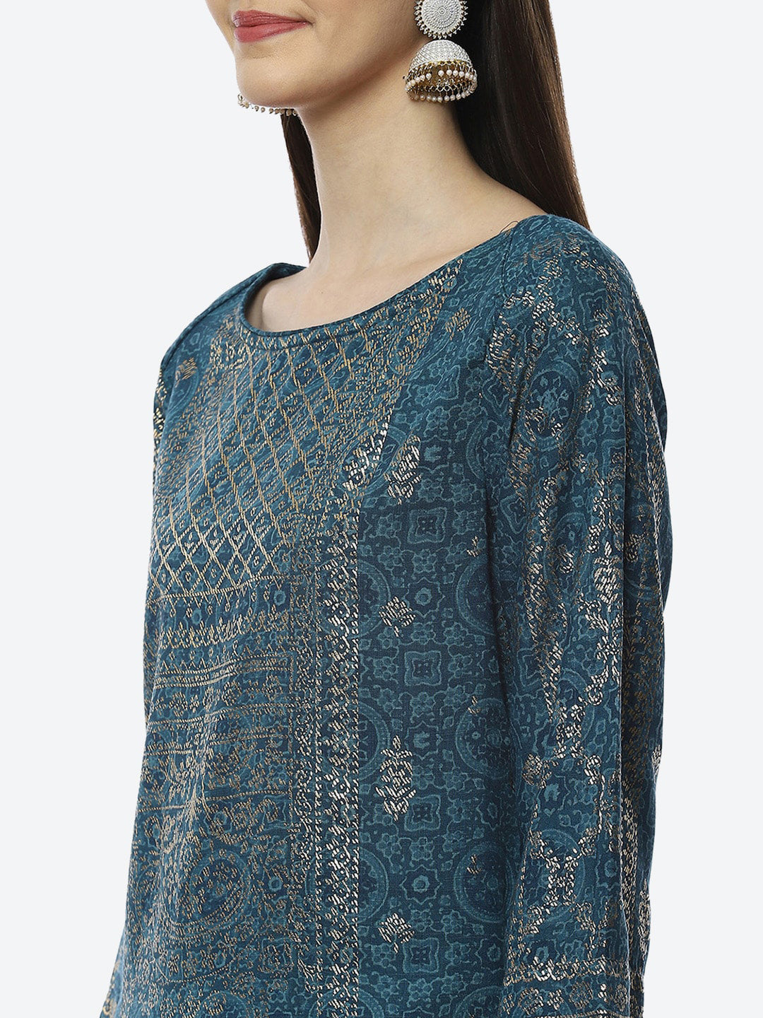 Biba Women Teal Ethnic Motifs Printed Mirror Work Kurta - Distacart