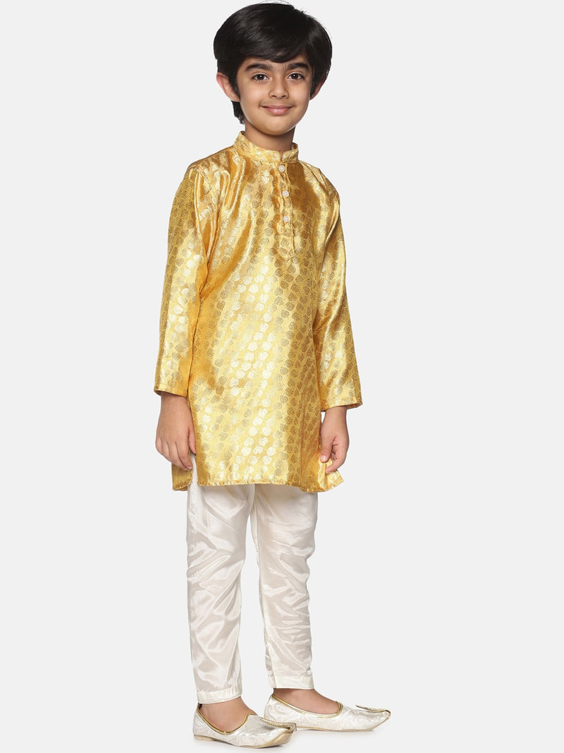 Sethukrishna Boys Gold-Coloured &amp; White Ethnic Motifs Kurta with Pyjamas - Distacart