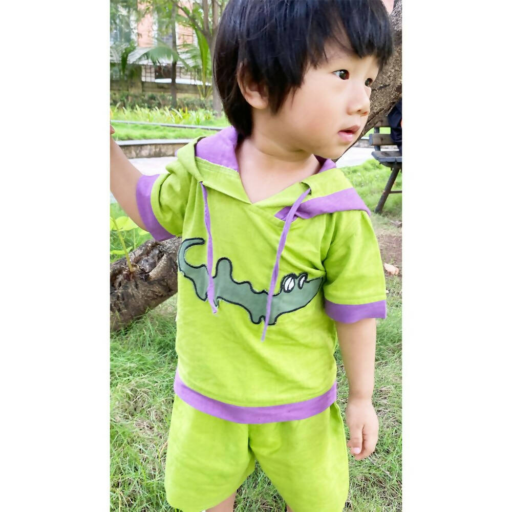 Mhyssa Croco Half sleeves Green and Purple Hoodie with Shorts Set For Kids - Distacart