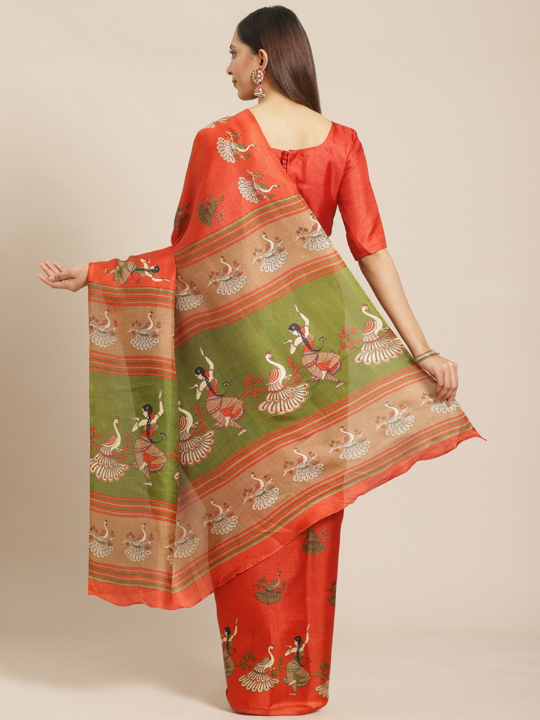 Saree Mall Rust Red & Green Printed Saree - Distacart