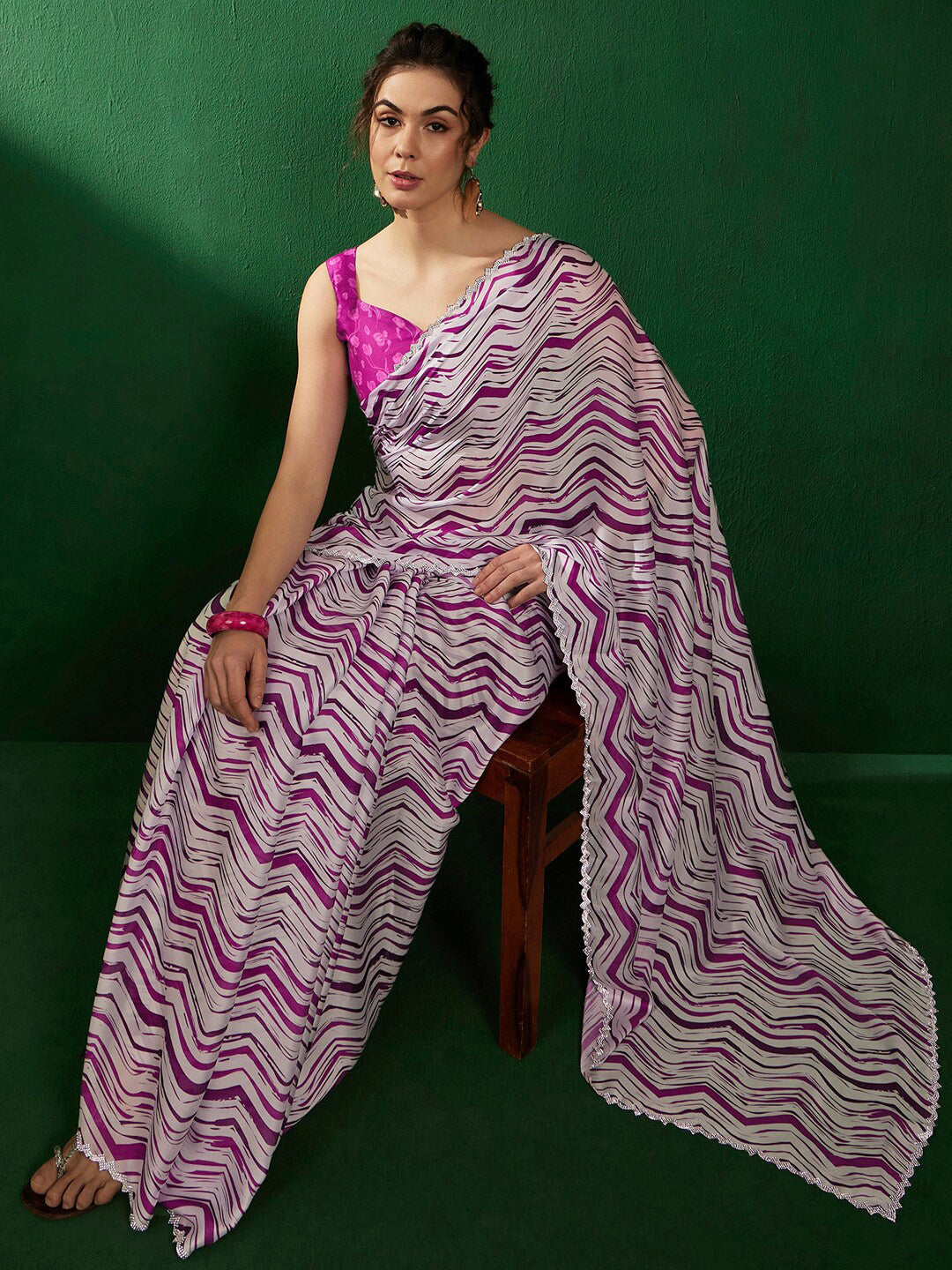 Sangria Geometric Printed Embellished Satin Saree - Distacart