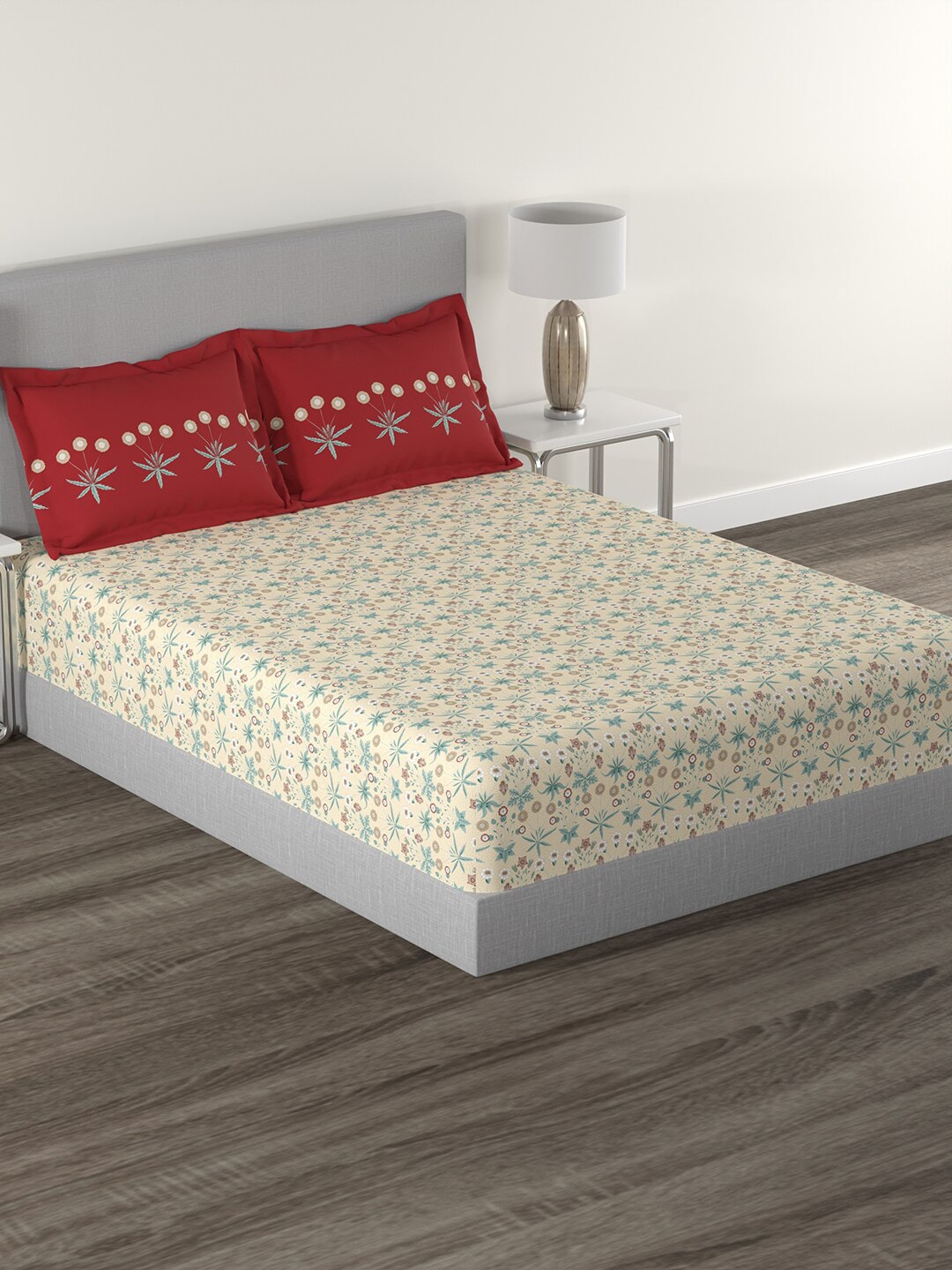 MYTRIDENT Beige Green Floral Cotton 144 TC Queen Bedsheet With 2 Pillow Covers - Distacart