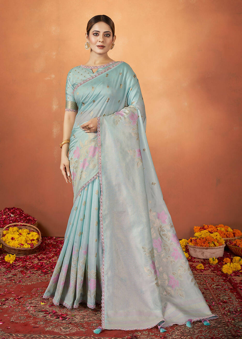 Sky Blue Tusser Silk Woven Design Saree With Unstitched Blouse Piece - Norita Royal Pradha - Distacart