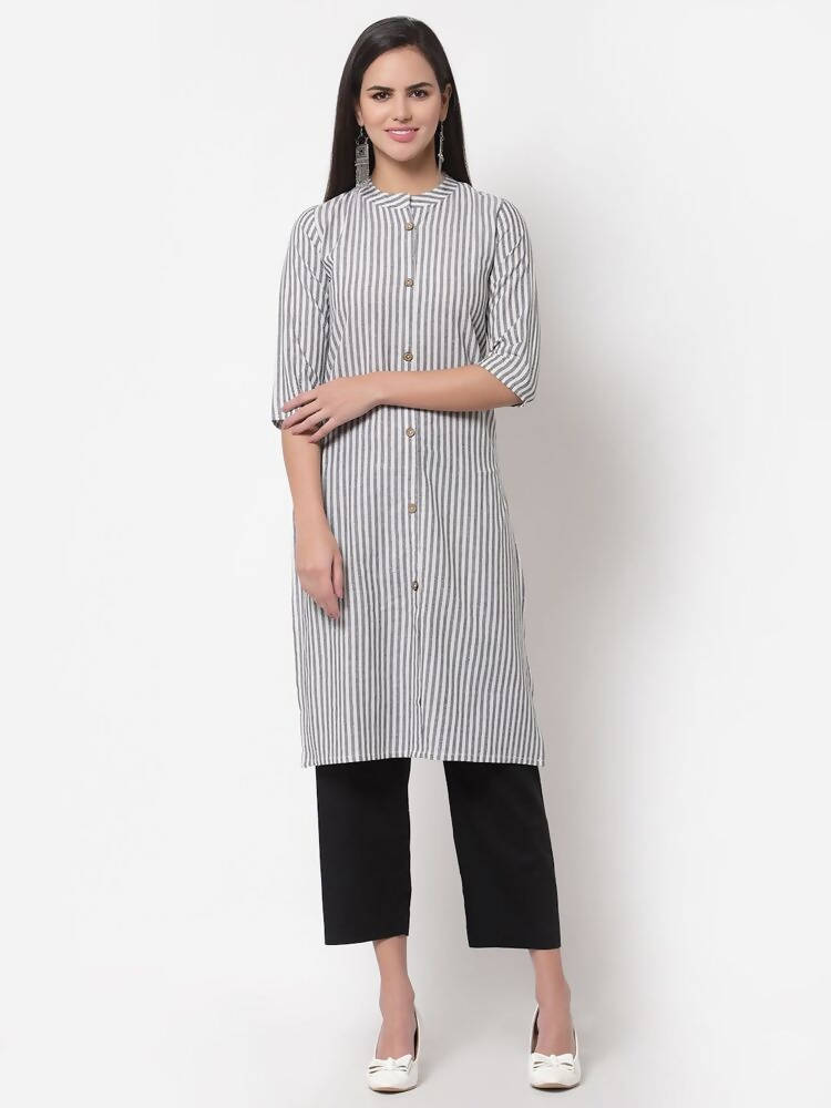 Myshka Women's Grey Cotton Stripe Pattern 3/4 Sleeve Round Neck Grey Kurti