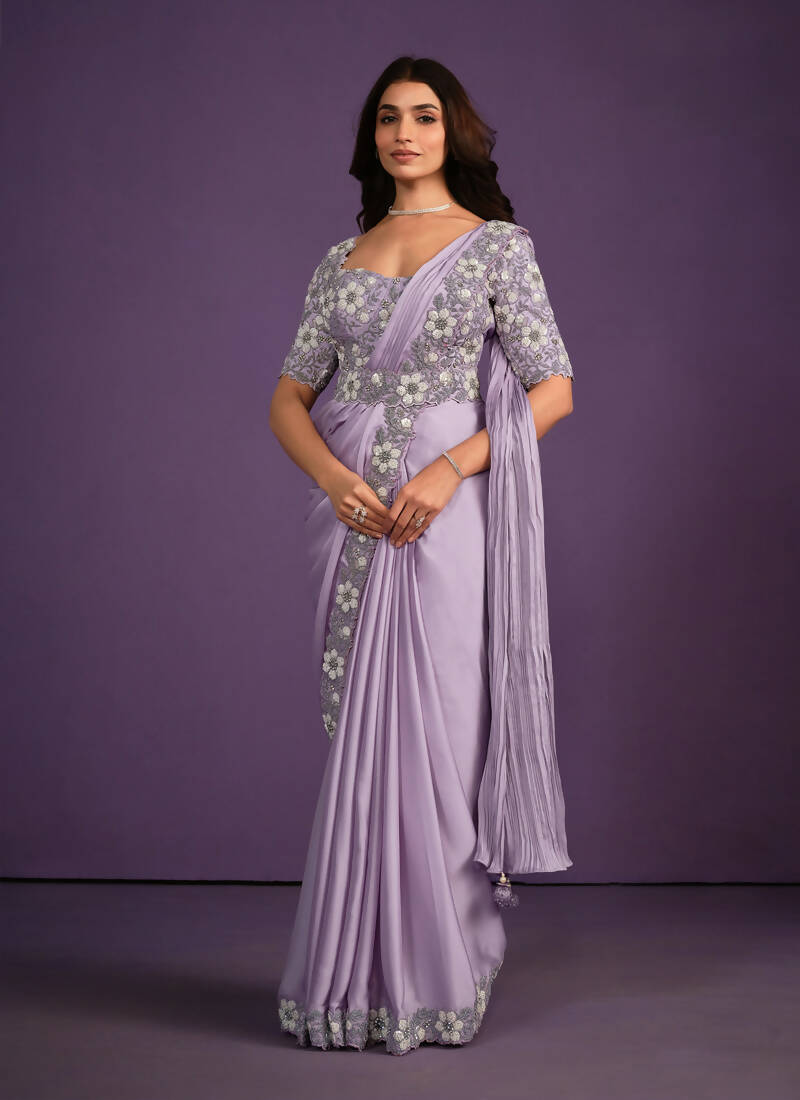 Lavender Crepe Satin Silk Embroidered Saree With Stitched Blouse - Mohmanthan Exotica - Distacart