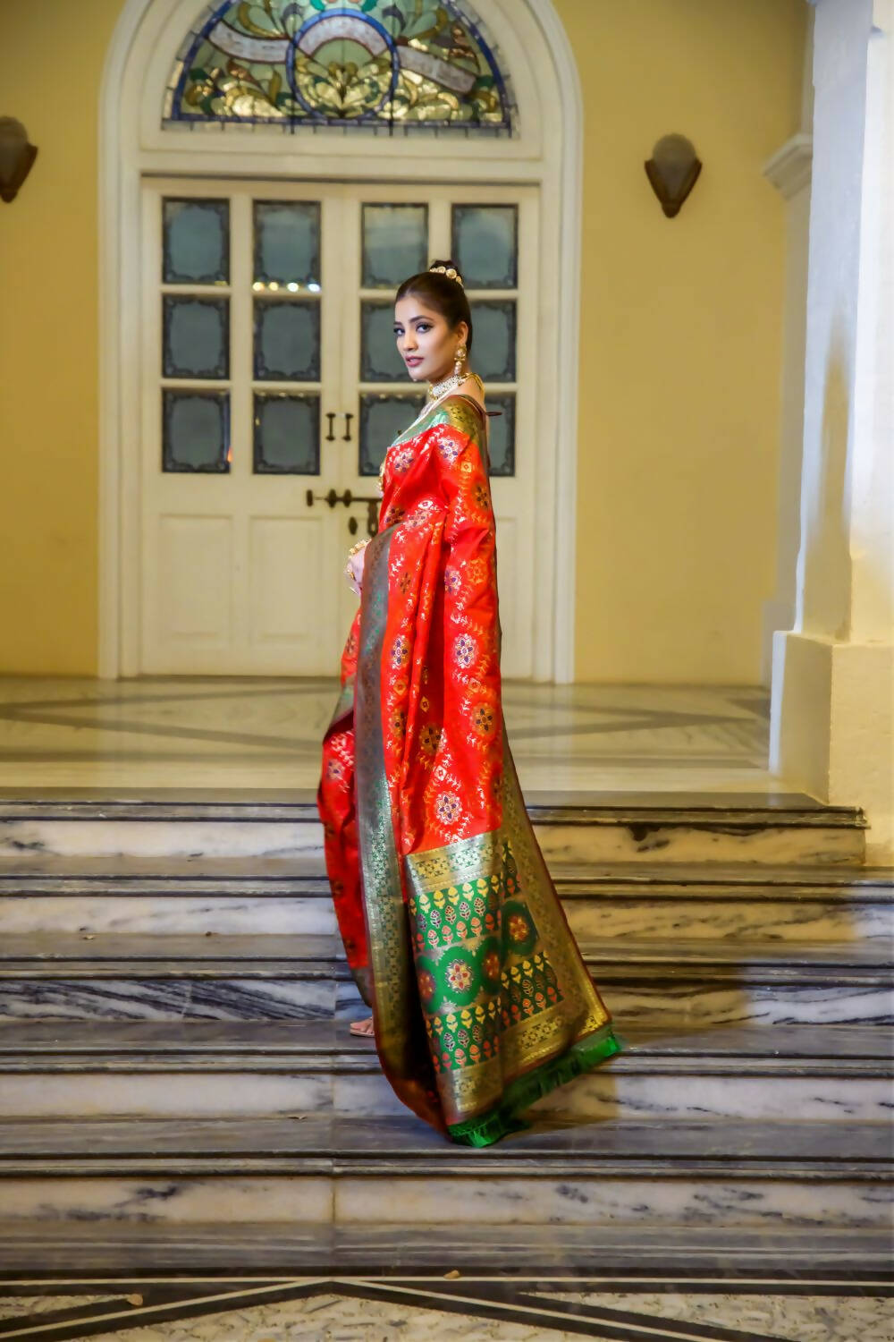 Vishnu Weaves Women's Red Patola Banarasi Silk Meenakari Zari Woven Saree with Blouse - Distacart