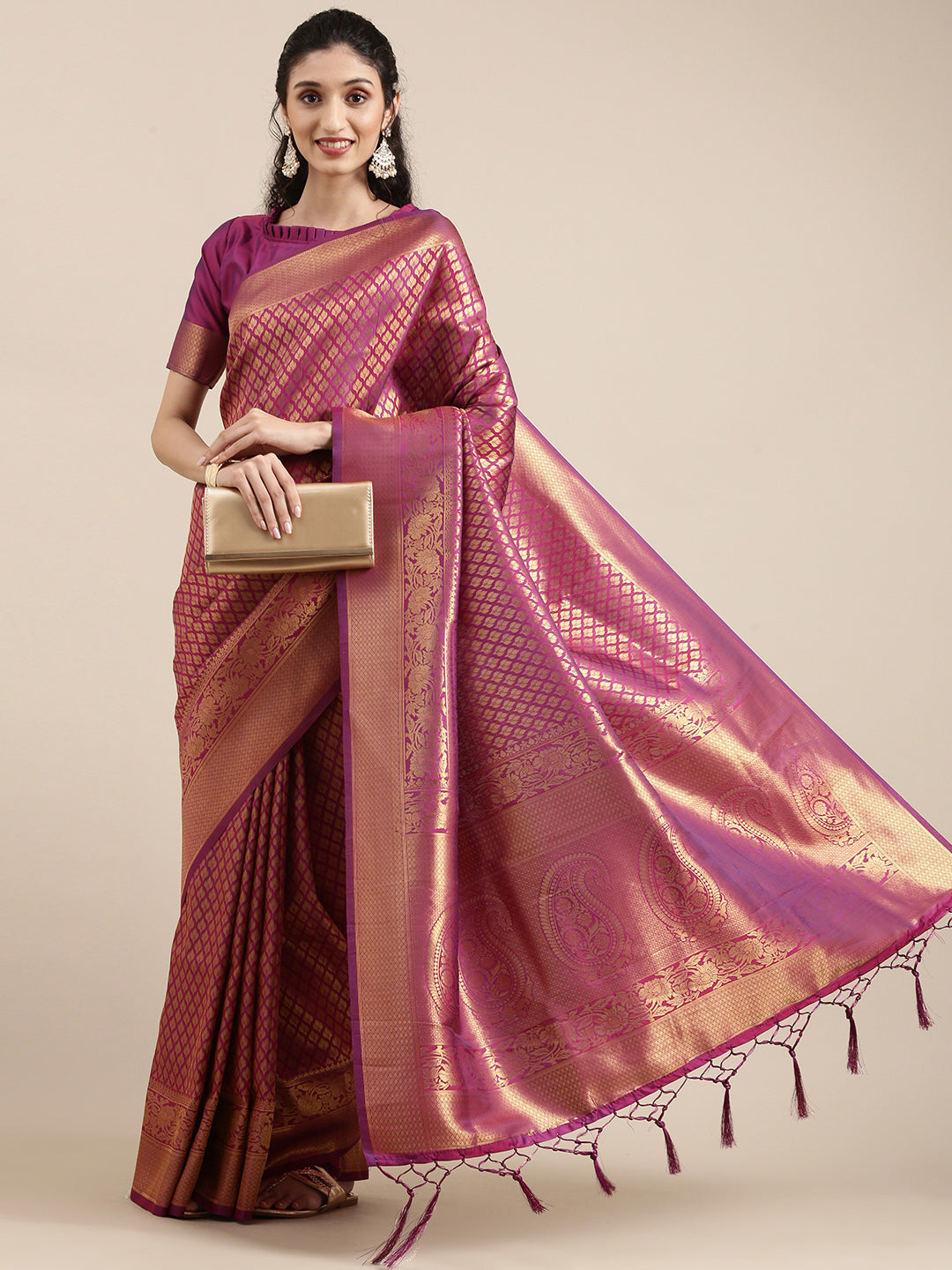 Saree Mall Magenta Ethnic Motifs Zari Silk Blend Banarasi Saree For Women - Distacart