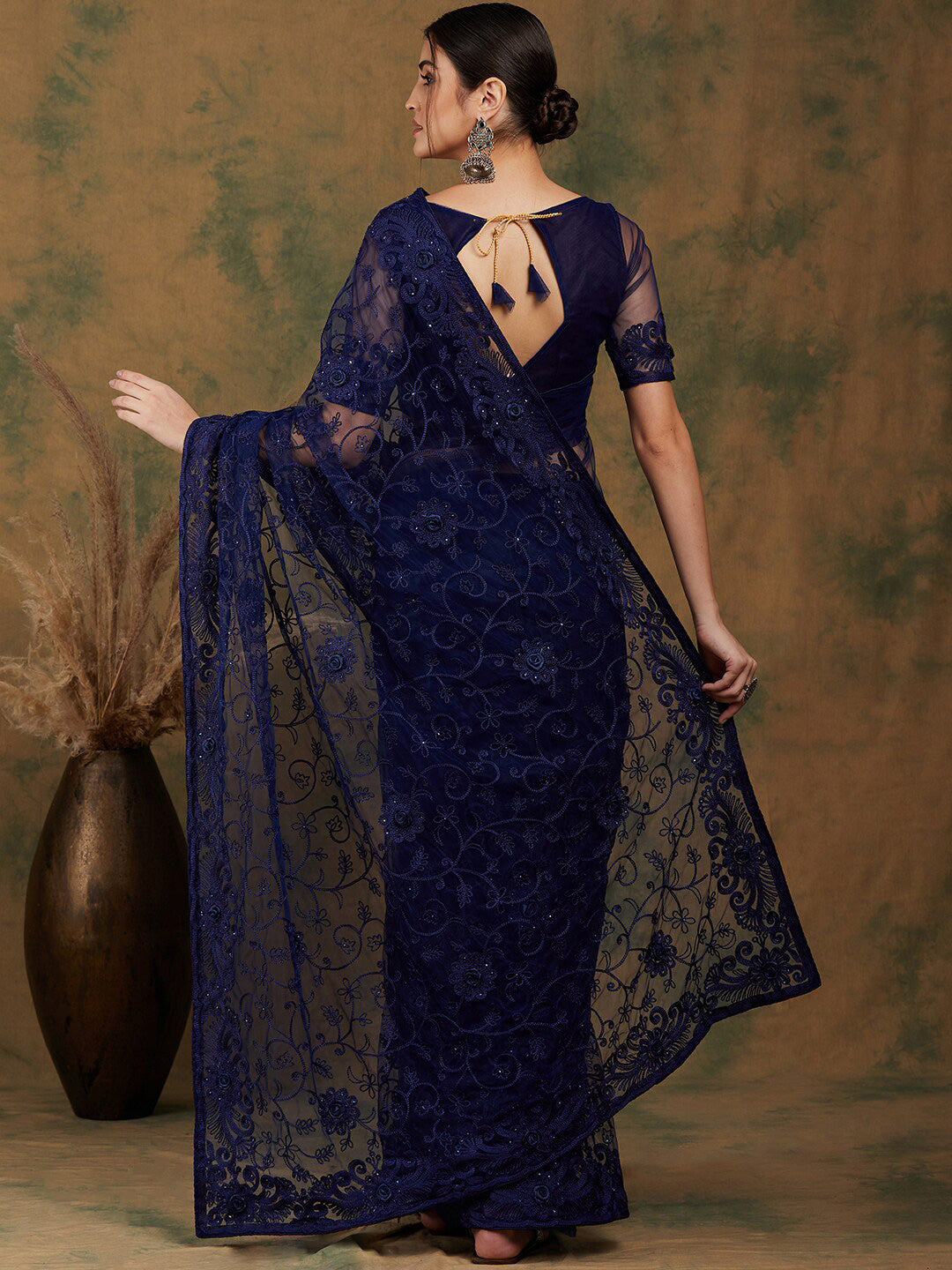 Sangria Navy Blue Floral Embroidered Net Saree - Distacart