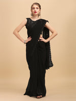 Thumbnail for Sangria Black Embellished Sequinned Pure Georgette Saree - Distacart