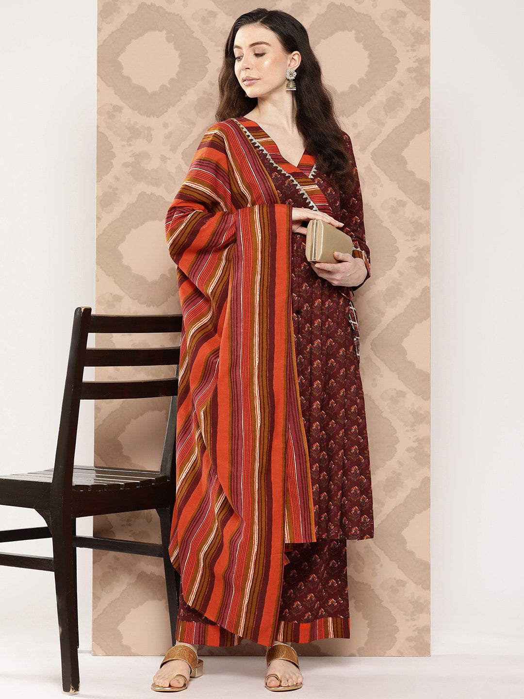 Kalini Floral Printed Angrakha Sequinned Pure Cotton Kurta with Palazzos & Dupatta - Distacart