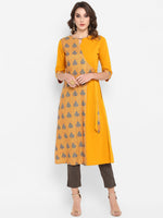 Thumbnail for Janasya Mustard Yellow & Blue Printed A-Line Kurta - Distacart