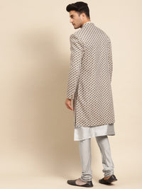 Thumbnail for KISAH Men Cream & Silver-Coloured Printed Sherwani Set - Distacart