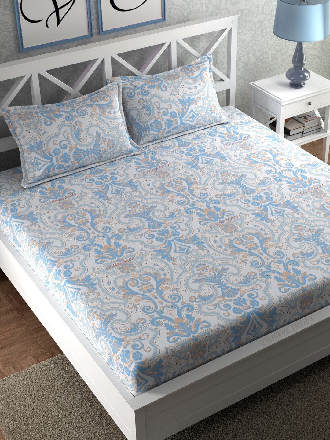 CHHAVI INDIA Blue & White Ethnic Motifs 210 TC King Bedsheet with 2 Pillow Covers - Distacart