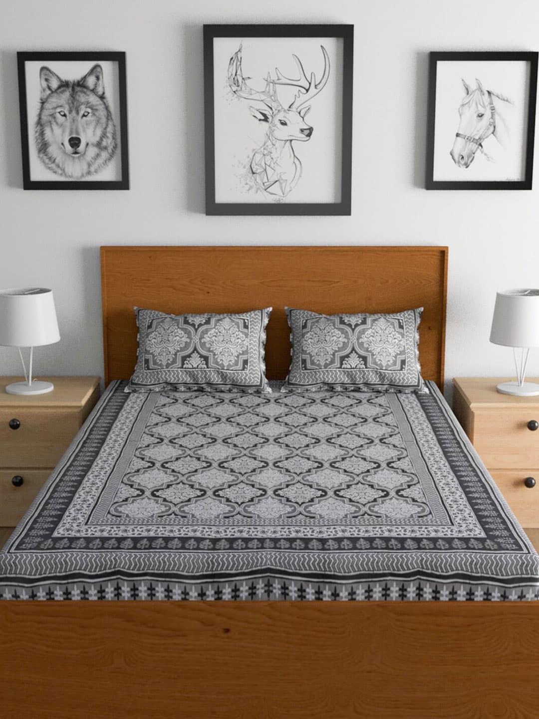 Urban Magic Grey & White Ethnic Printed Cotton 104 TC King Bedsheet with 2 Pillow Covers - Distacart