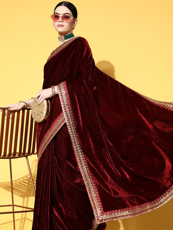 Mitera Solid Saree with Embroidered border - Distacart
