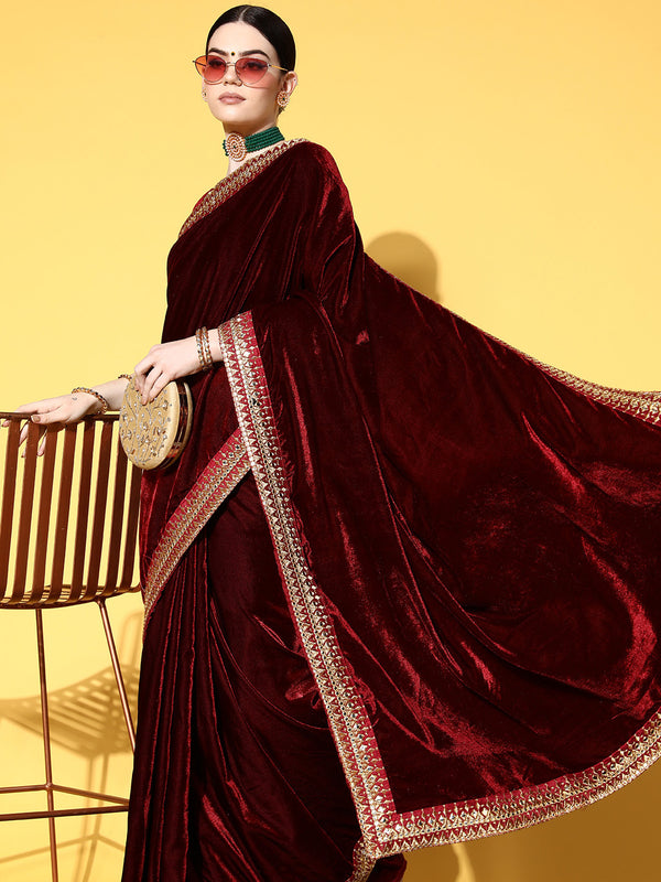 Mitera Solid Saree with Embroidered border - Distacart