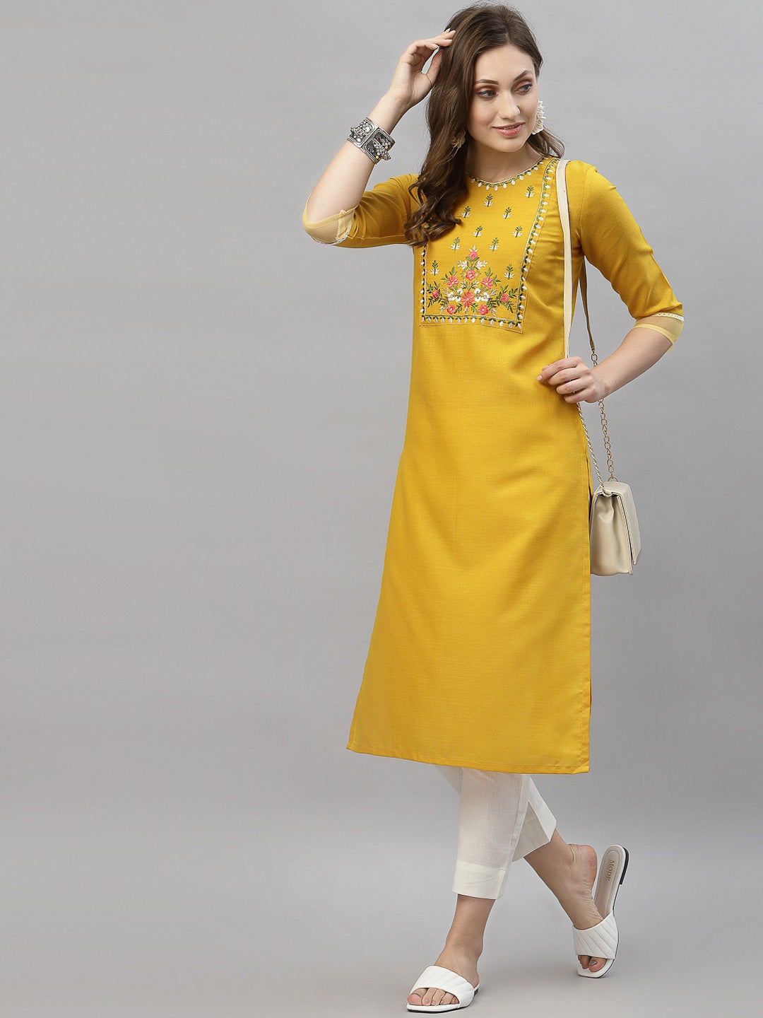 Kalini Women Yellow Floral Embroidered Thread Work Kurta - Distacart