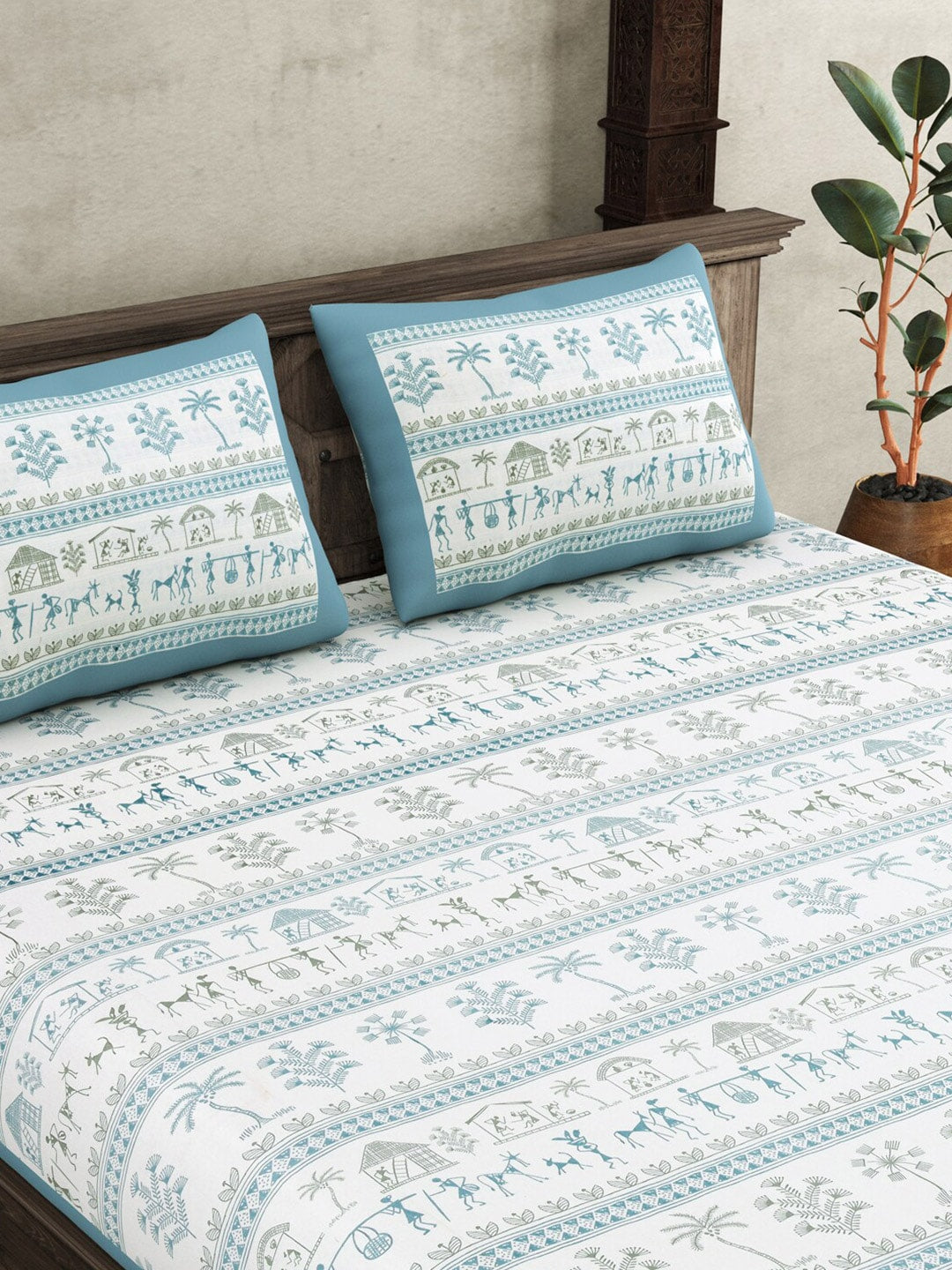 JAIPUR FABRIC Blue Ethnic Motifs Cotton 250 TC Super King Bedsheet With 2 Pillow Covers - Distacart