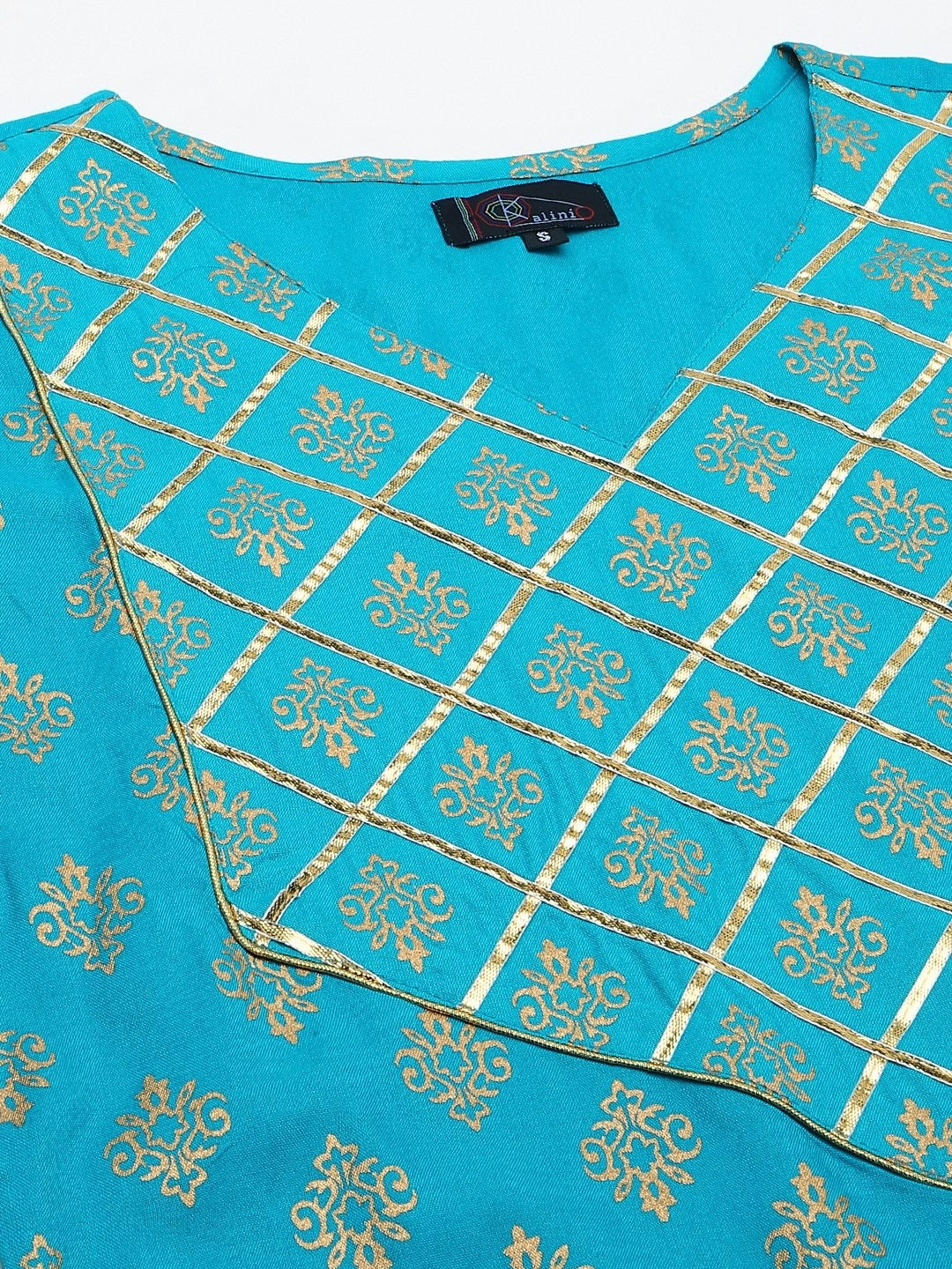 Kalini Women Turquoise Blue Ethnic Motifs Printed Gotta Patti Kurta with Skirt - Distacart