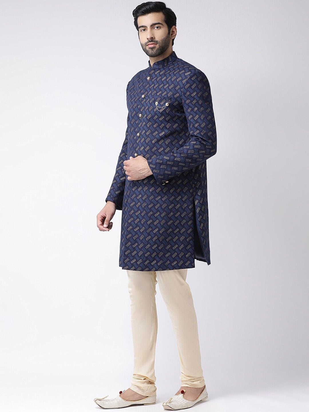 KISAH Men Self-Design Mandarin Collar Sherwani Set - Distacart