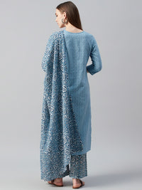 Thumbnail for Anayna Women Blue & White Self Striped Kantha Work Kurta with Trousers & Dupatta - Distacart