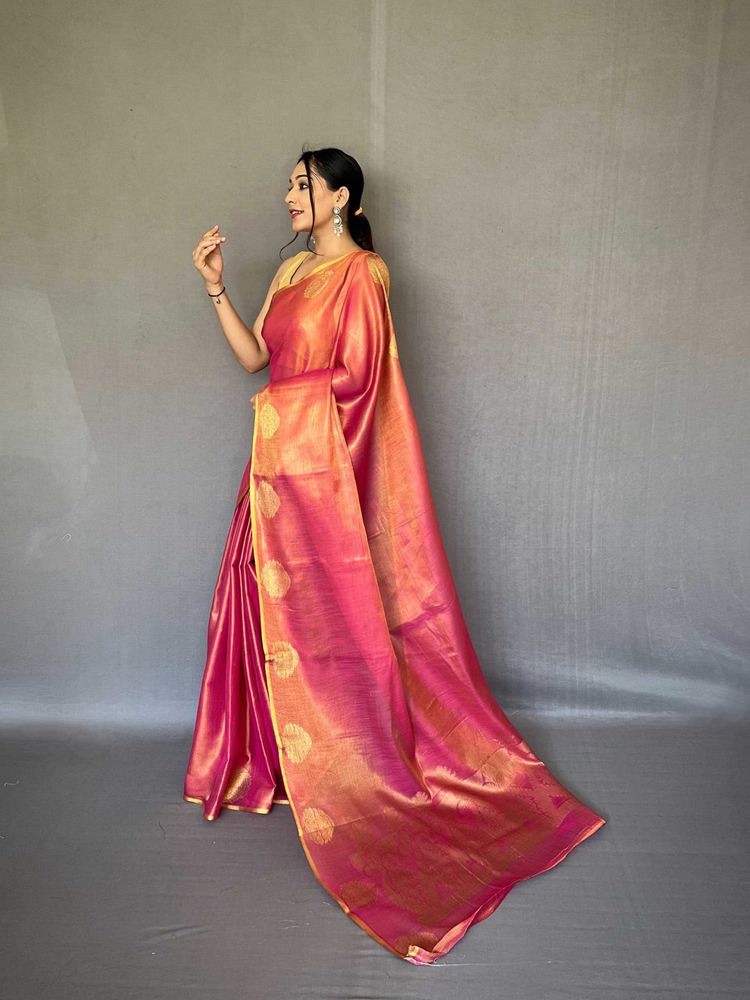 Mitera Pink & Gold-Toned Woven Design Zari Tissue Saree - Distacart