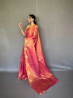 Thumbnail for Mitera Pink & Gold-Toned Woven Design Zari Tissue Saree - Distacart