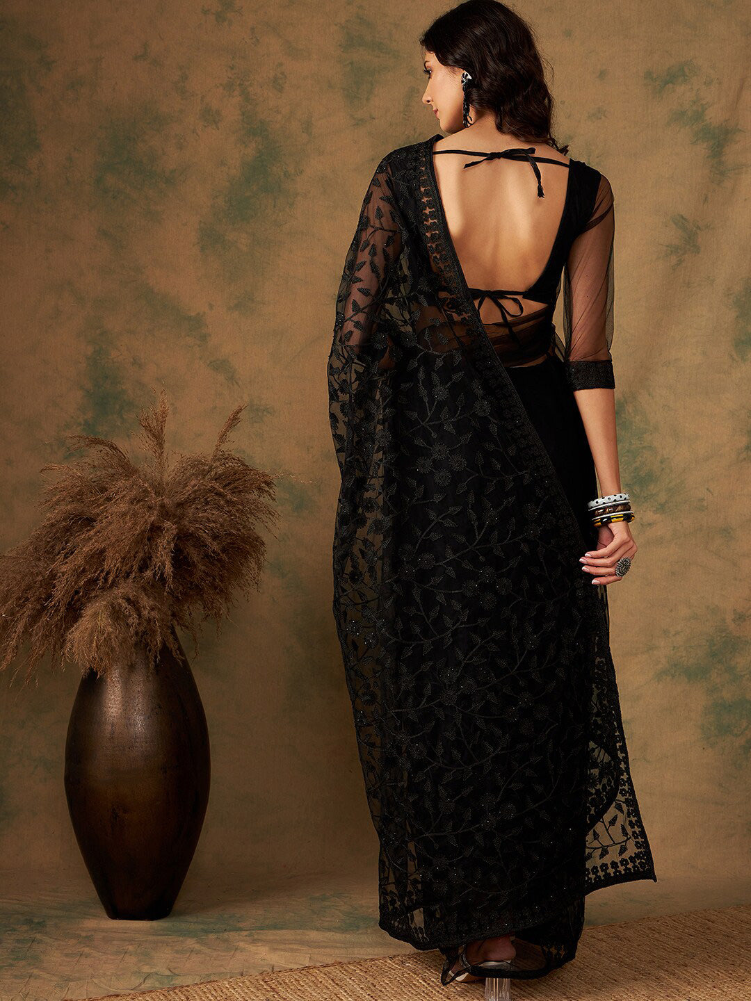 Sangria Floral Embroidered Net Saree - Distacart