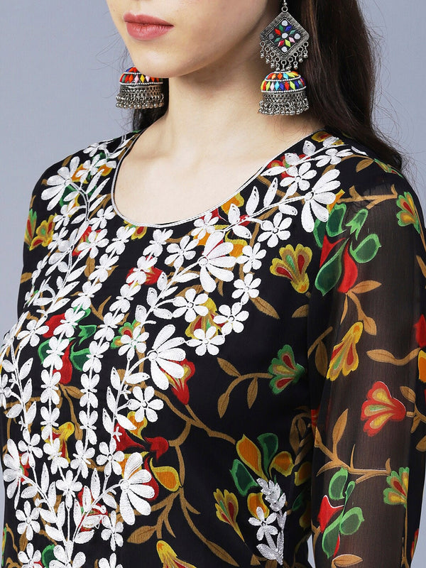 Kalini Women Floral Printed Georgette Chikankari Embroidery Kurti - Distacart