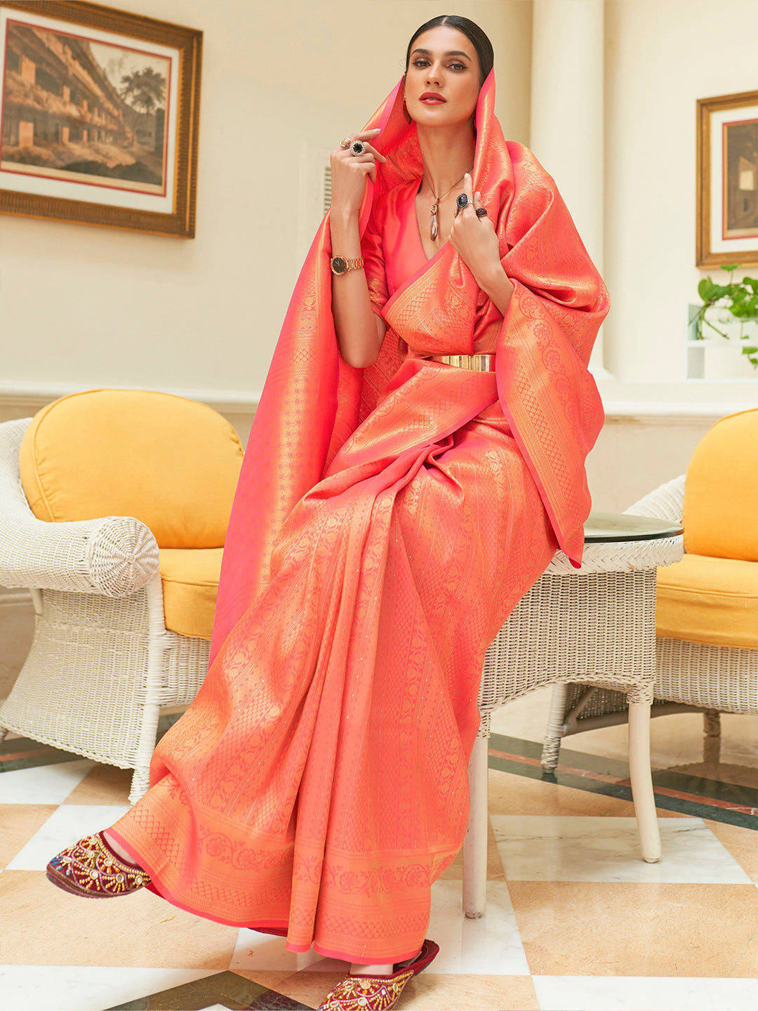 Mitera Peach-Coloured & Golden Ethnic Motifs Zari Silk Blend Kanjeevaram Saree - Distacart